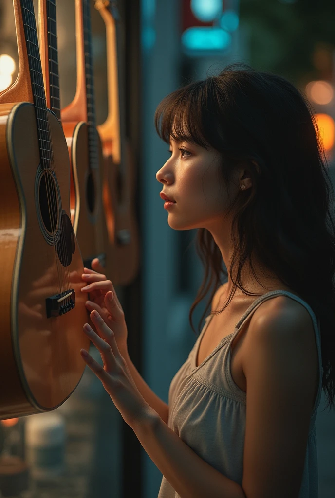 Young woman looking longingly into a guitar shop window