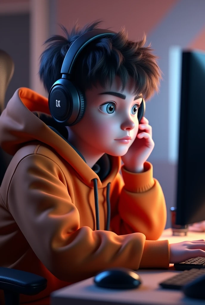 Create A 3D Realistic image of a Boy sitting in gaming YOUTUBE BANNER on his pc. The boy must wear dark orang hoodie headphones And his name "CARYY69"