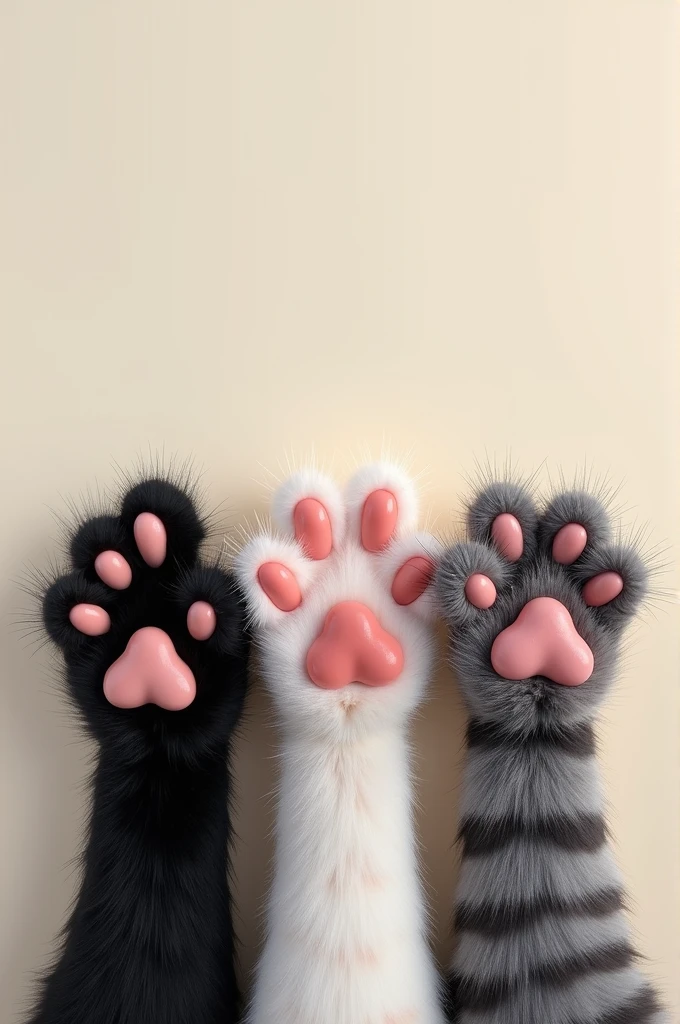 Three kitten paws each color, negro, gray and one with gray with dark stripes