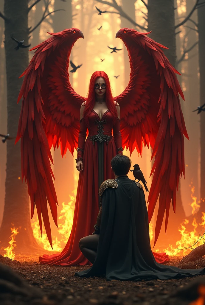 Let there be a red-haired and masked Lady in a forest on fire,have big, broken, red wings.A dark-haired prince kneels before her. He looks into her eyes, imploringly..Let it be the sword that hides behind the lady.Let there be fire all around and big crows everywhere.One of the crows is on the prince&#39;s shoulder and is injured..