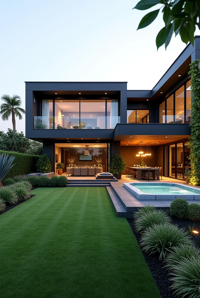 The project of a house on a 420 square meter plot. Modern two-story house. Grassy backyard with jacuzzi and garden, Gourmet area with barbecue and table to receive friends. Lighting in the garden and green area with hanging plants.
