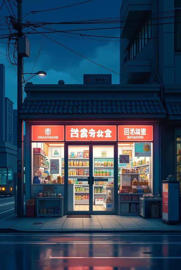 anime style art, convenience store, without people
