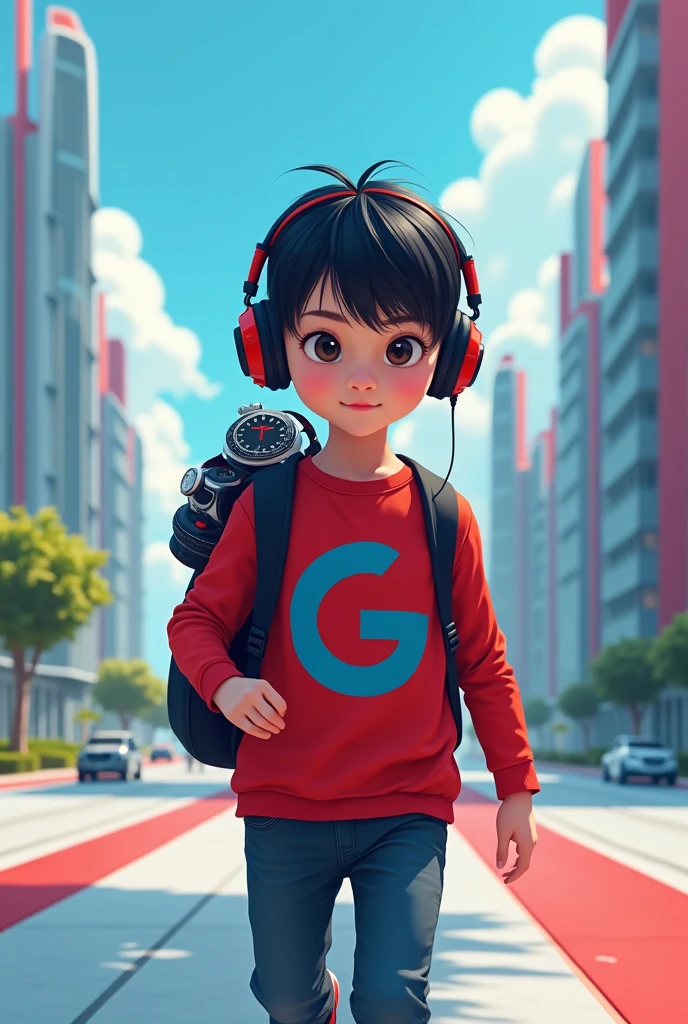 a male child, white black hair parted on the side, with black and red headphones, red shirt with the letter G in blue.
Walking on a futuristic road with a large watch sticking out of the backpack!