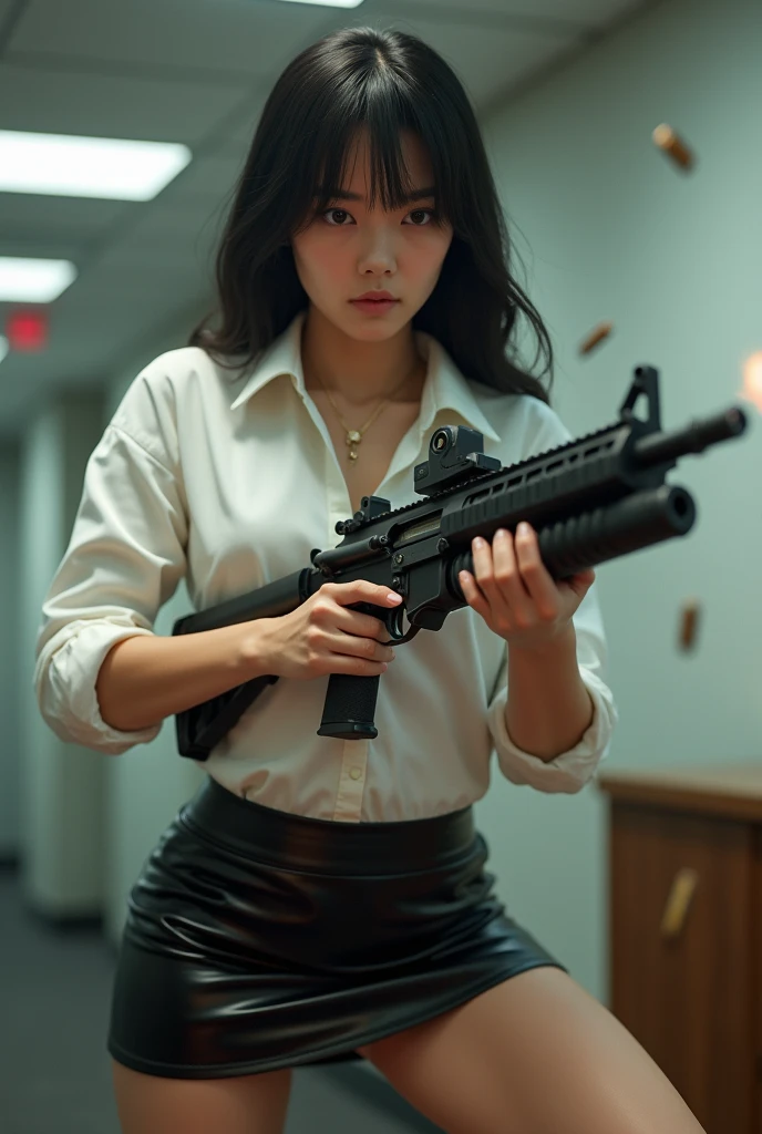 beautiful chinese office lady white shirt latex mini skirt realistic machine gun toting hip firing real person legs apart standing rampage shooting serious expression side target