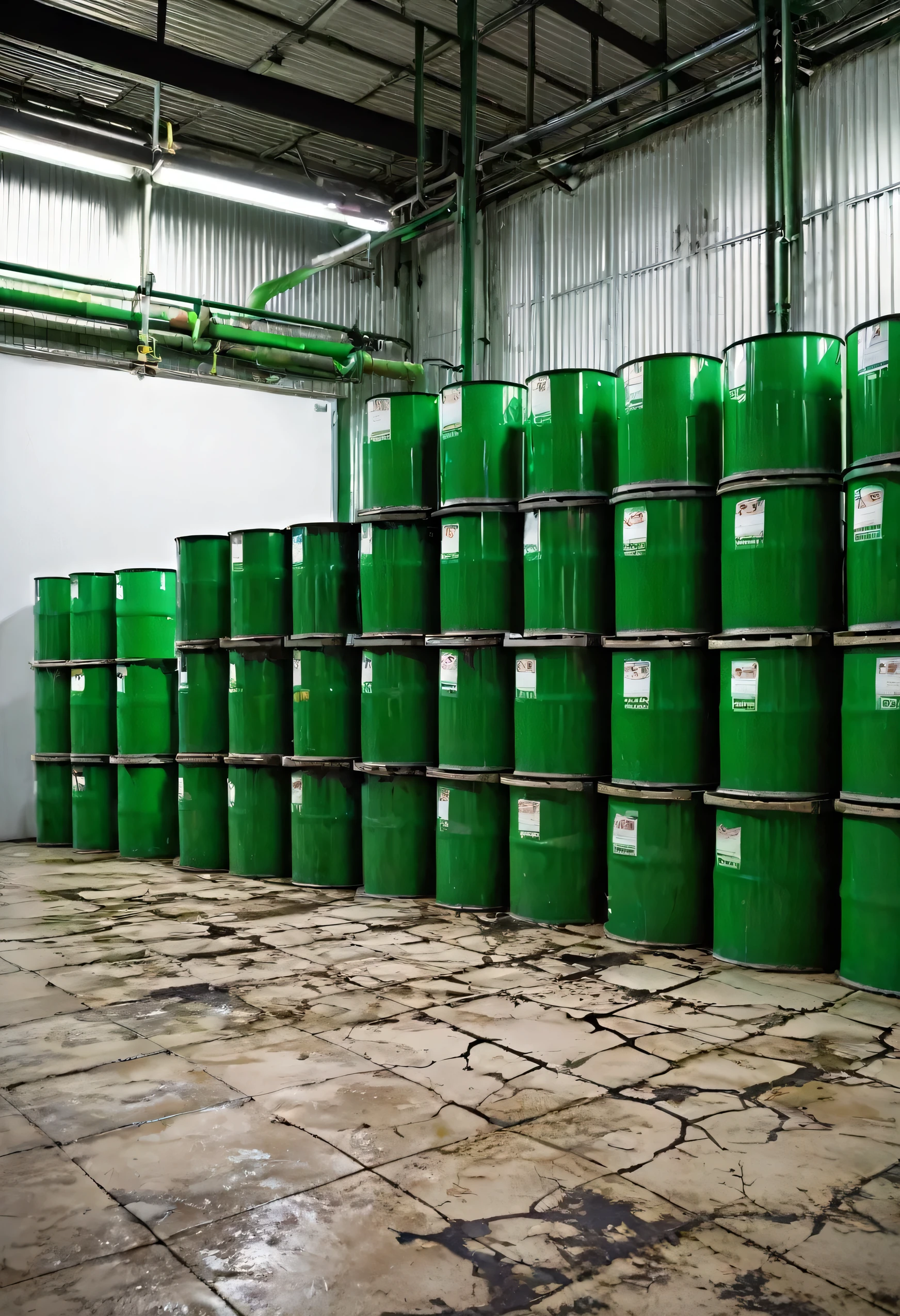 Metal barrels of chemicals in warehouse of lubricant production plant, on straws, with stains and cracks on the floor. The warehouse walls are green with some chemical stains.. And you can see the pipes above that run through the entire plant.. The barrels have security labels. The barrels are neat and organized and most barrels are still sealed with their lids..