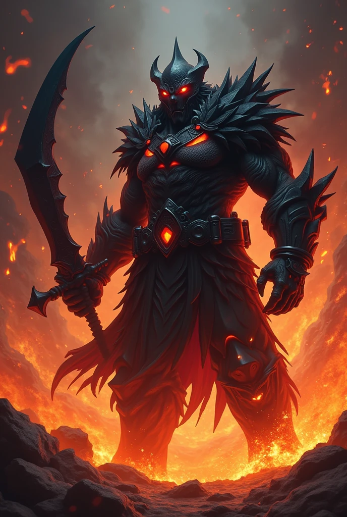 Uzoth Blox fruit admin holding an dark balde in his hand and flames are all around him and he is brutal