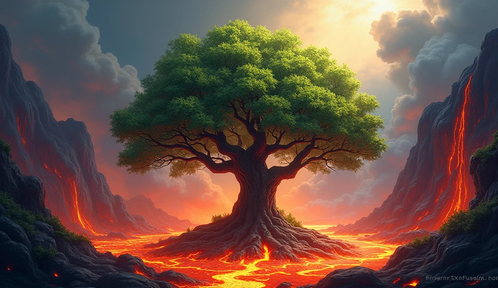 illustration concept art colored sketch of a lush tree with green leaves and deep roots stands in the middle of a volcano's mouth, lava flows all around it, fumes rise from the lava but the tree is strong and healthy, a ray of light illuminates the tree