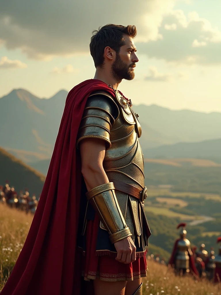 Julius Caesar, standing on a hilltop in full Roman armor with a determined expression, ancient Roman era, wearing a Roman general’s armor with a red cloak, on an elevated hill overlooking a vast Gallic landscape, Julius Caesar gazing into the distance with determination, distant mountains and a Roman army are seen in the background, medium shot, hyper-realistic, photo realism, cinematography -- ar 9:16