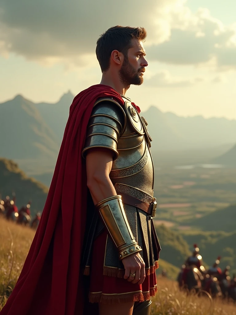 Julius Caesar, standing on a hilltop in full Roman armor with a determined expression, ancient Roman era, wearing a Roman general’s armor with a red cloak, on an elevated hill overlooking a vast Gallic landscape, Julius Caesar gazing into the distance with determination, distant mountains and a Roman army are seen in the background, medium shot, hyper-realistic, photo realism, cinematography -- ar 9:16