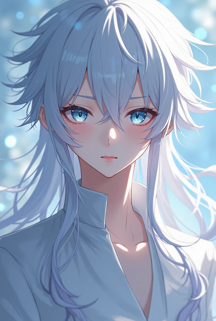 Can you create me a handsome anime boy with a beautiful body and who is white as snow and who has white hair with black tips and light blue eyes? 