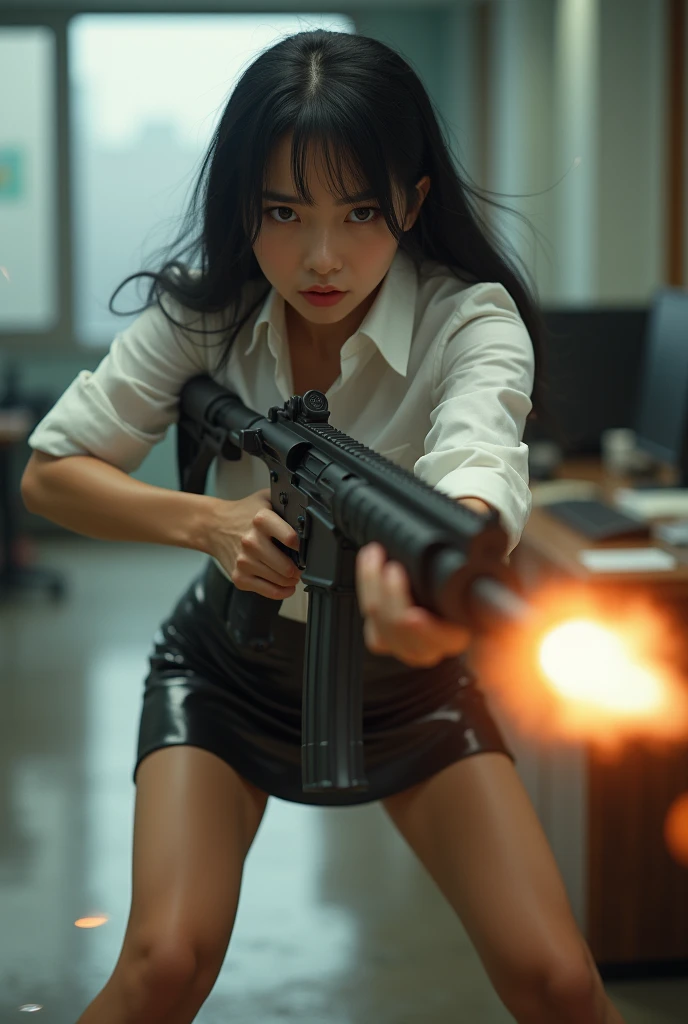 beautiful chinese office lady white shirt mini skirt realistic machine gun toting hip firing real person legs apart standing rampage shooting side facing angry expression
