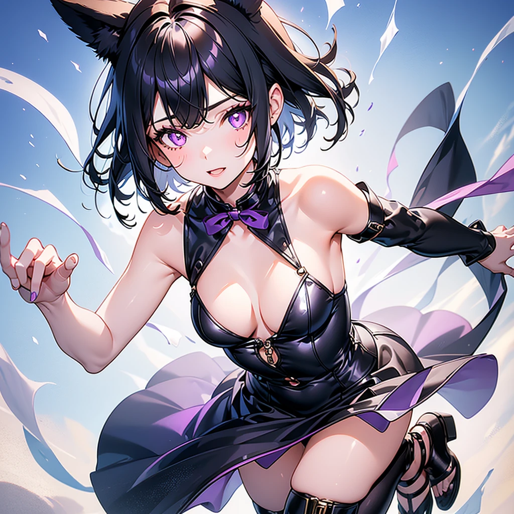 1girl, solo, (dog ears), (dog girl), black hair, (purple eyes), short hair, detailed face, medium breasts, long eyelashes, mature, wispy side bangs,