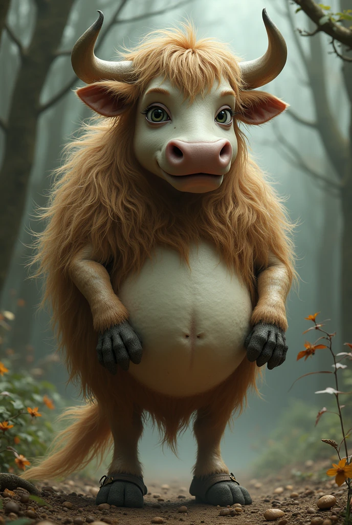 Tauren, peeking at the viewer, Fluffy, 1 girl, A high resolution, realistically, Cute look, It looks embarrassing, Soft, 4K, upscales, high detail, Delicate fur, ((The tail in the right place)), pose in forest, 1 plump girl, own, hair-bun, Background with, shaggy, black body, Black fur, eye glass, female, hyper breast, hyper nipples, green eyes, blushing, bovine face, bovine snout