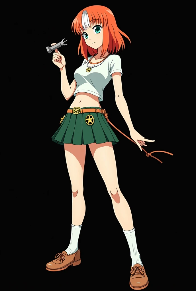 A full body image of an 1 girl named Hana Watanabe, personagem do anime "dragonball z", she is very beautiful, with medium length straight fire-colored hair with two white highlights in the front, framing your face. She has blue-green eyes and pale skin.. she is a Wiccan, she is in fighting pose. she wears a pentagram necklace, croped, glued skirt, beautiful women&#39;s shoes and ¾ socks, she holds a small nail hammer and small nails. It is drawn with Akira Toryama&#39;s animation. black backdrop.