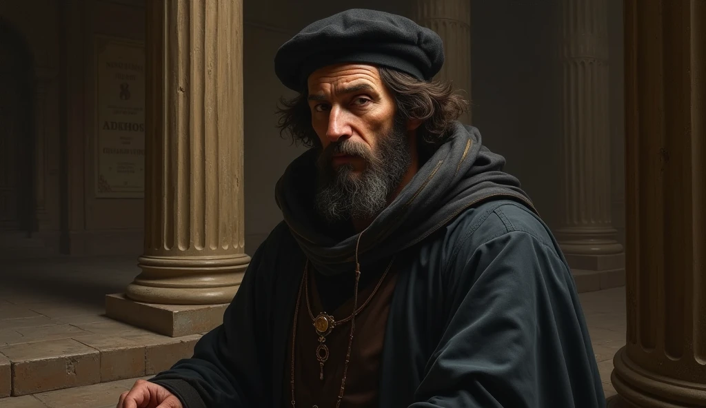 Michael Nostradamus has an oval face and a serious expression, a short beard and dark, wavy hair. He often wears 16th-century clothing, including a cloak or cape and a beret-type hat. His eyes are piercing and contemplative. in a temple thinking