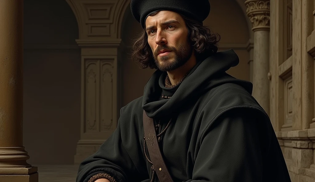 Michael Nostradamus has an oval face and a serious expression, a short beard and dark, wavy hair. He often wears 16th-century clothing, including a cloak or cape and a beret-type hat. His eyes are piercing and contemplative. in a temple thinking