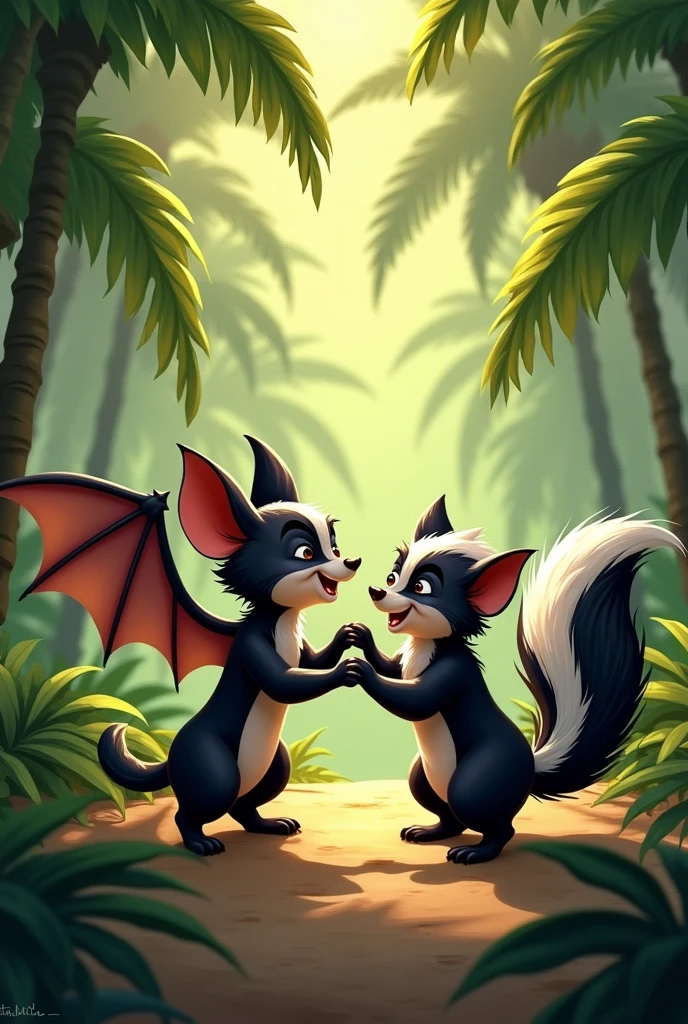 A bat and a skunk in a jungle being friends. Old Disney style 