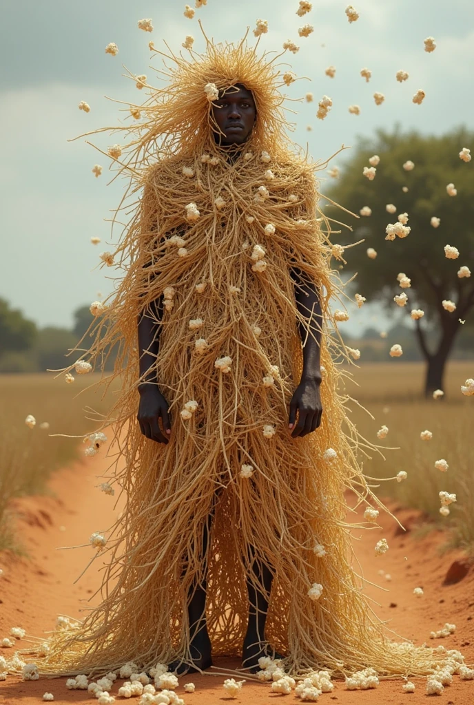 Black African man in straw clothing covering his face with wind effect , completely covered in straw from head to toe in close up , in an African dirt road with popcorn falling from the sky in 3D effect  . hyperrealistic  image