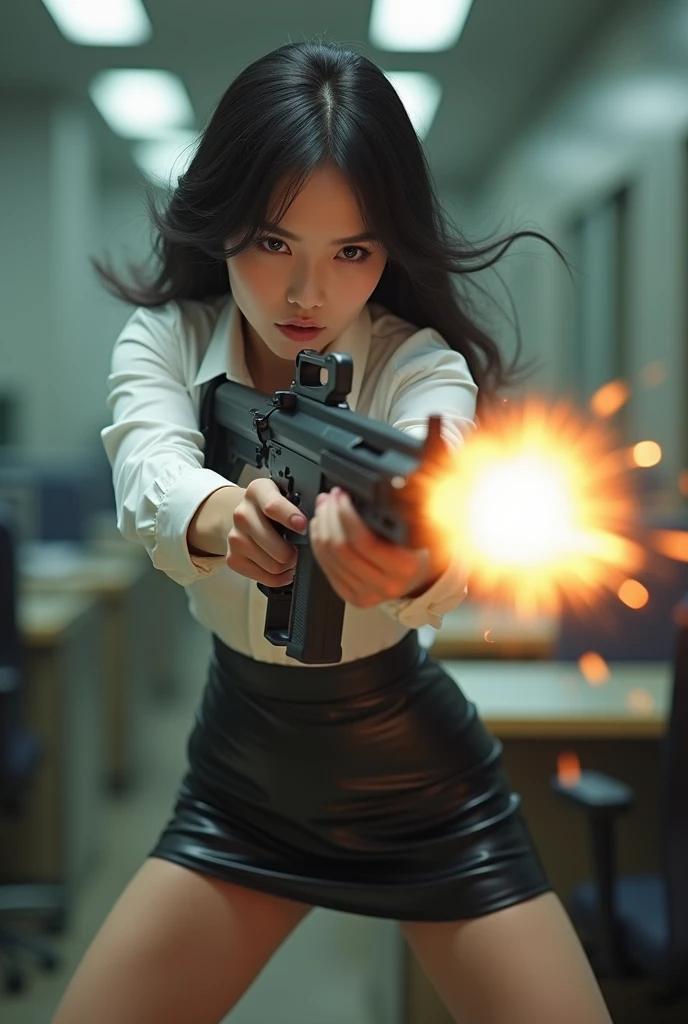 beautiful chinese office lady white shirt latex mini skirt realistic machine gun toting hip firing real person legs apart standing rampage shooting serious expression side target