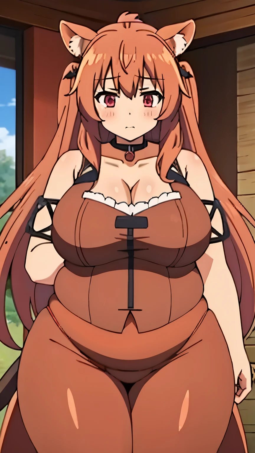 Raphtalia, huge, gordo, ears, Brown and red clothes, collar of clothing, obese, ears and tail, big chest, big tits