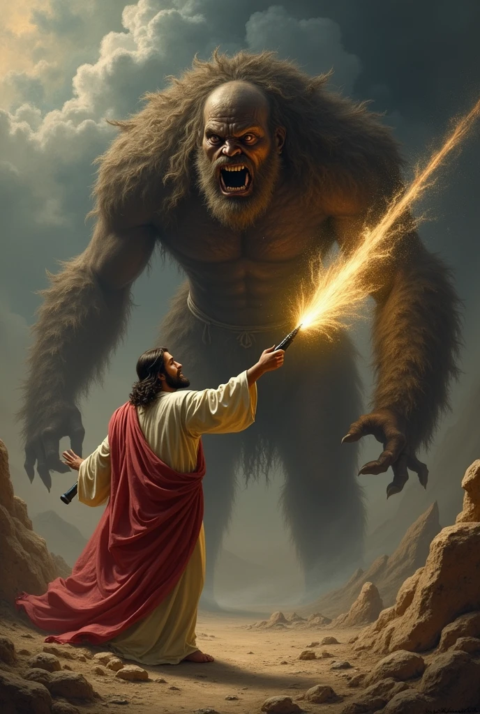 Jesus Christ blinding a cyclops by hitting him in the eye with a slingshot