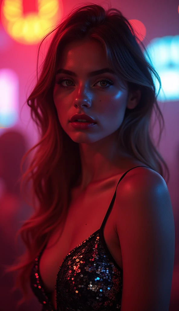 lndswgnr_v1.0, (sharp focus: 1.5), (sharp focus:1.2), Photo, attractive young woman, (beautiful face:1.1), detailed eyes, delicious lips, (Natural makeup:0.85), (medium breasts:1.0), (small body:1.2), exhausting (sequin dress:1.2) in a (nightclub:1.2). (changing lighting:1.2), depth of field, bokeh, 4k, HdR. by (James C.. Christensen:1.2|Jeremy Lipking:1.1).