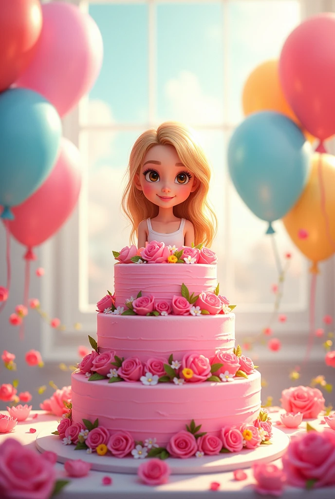 A happy birthday image with a pink 3-tier cake with flowers and roses , with balloons in the background and a sign that says happy birthday Angelica and has a woman with blonde hair and brown eyes in Disney animation