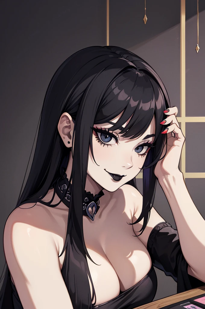 NSFW, 1Woman, ((best quality)), ((masterpiece)), (detailed), beautiful face, (defiance512:1.2), solo, (((black hair))), (((sexy goth outfit))), (((black lipstick))), (((eyeliner))), (((dark eyeshadow))), (((ahego face))), (((long hair))), (((dark black eye colour))), (((evil smile dominant expression))), (((bedroom background))), bed, desk, window, led lighting, goth wallpaper, guitar, rug, dark lighting, (evil:1.2), looking at viewer, (interview:1.3), intense seductive gaze, contrasting soft skin, (lighting:1.2), ((best quality)), ((masterpiece)), (detailed), perfect face, (((close-up face view)))