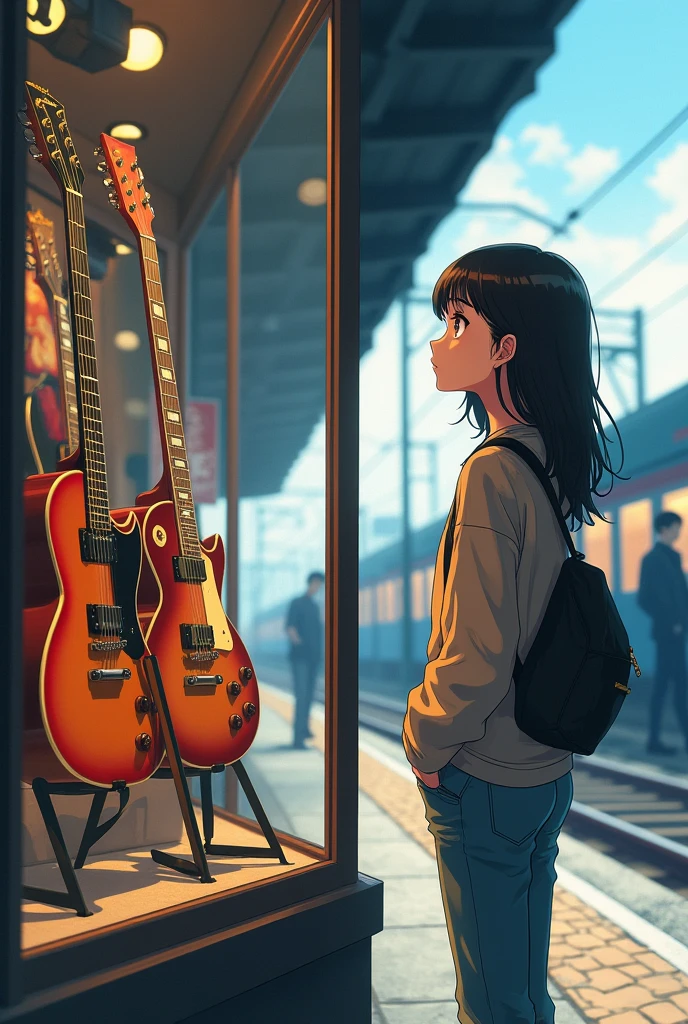 Young woman looking longingly at a guitar shop window Anime style Train station in the background