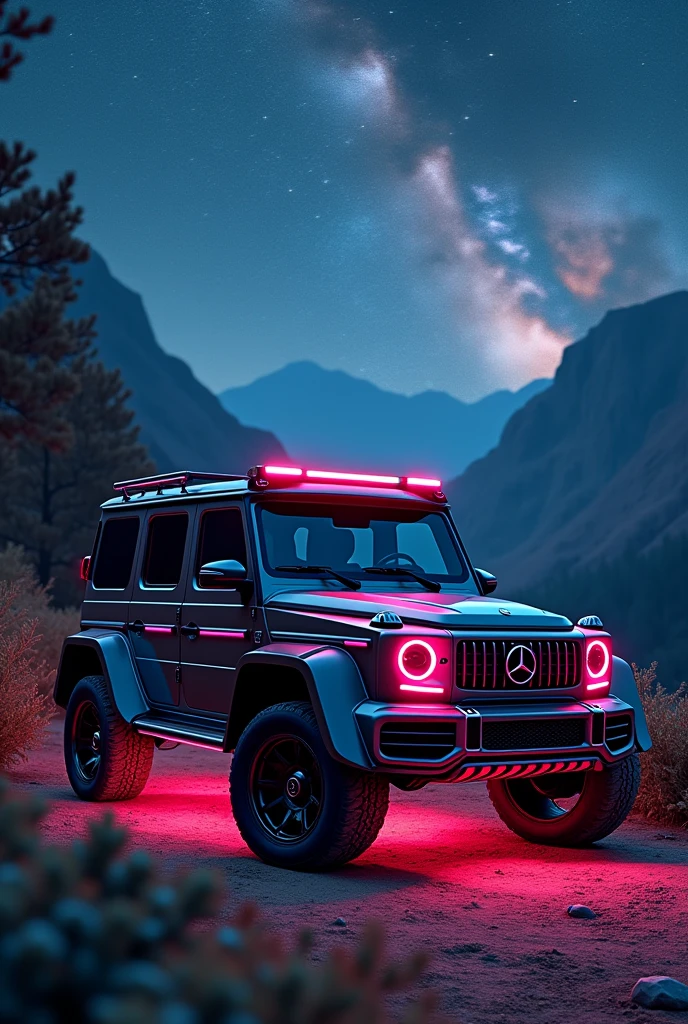 Mercedes-Benz G-Class, with body kit parked in the wilderness under a starry sky and neon lights