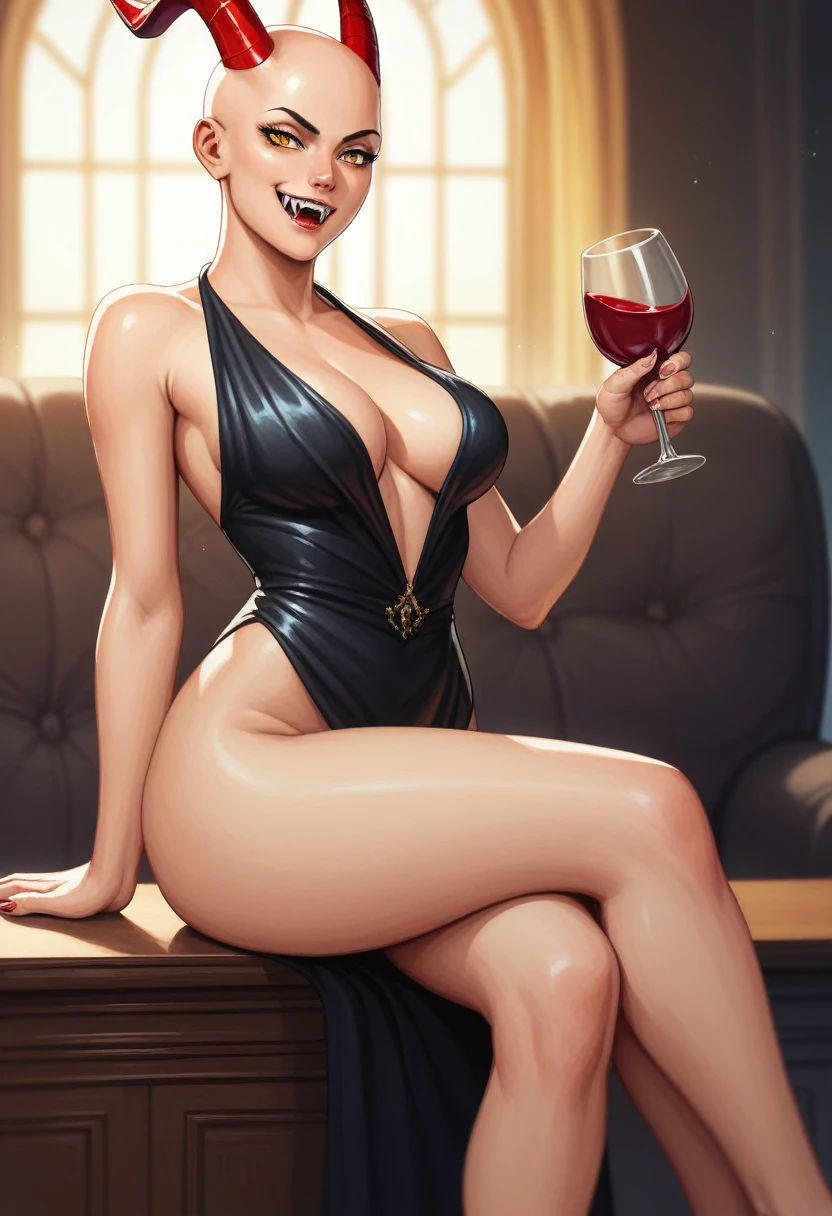power from chainsawman, yellow vivid eyes, with her iconic two red horns on top her head, fangs, sharp teeth, wearing elegant black gown, cleavage, sitting gracefully, legs crossed, luxury setting, holding red wine glass, red wine bottle on table, beer bottles on tables, indoors, smiling, windows, nighttime, full moon, (((((bald head smooth))))), (((nude))), ((sexy))