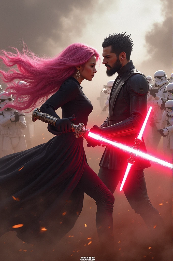 2 persons, pink haired Perona and Mihawk Dulacre with black hedgehog hairstyle and edged beard and red lightsaber that has a blade in cross shape fighting an army of Stormtroopers