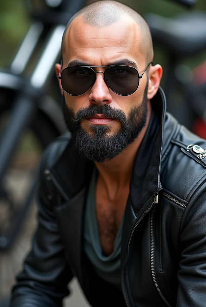 (photorealism:1.2), young attractive bald man, european, fit body, white skin, black short beard, brown eyes, biker outfit, black aviator sunglasses on a bike