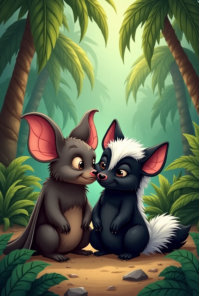 A bat and a skunk in a jungle nesting together. Old Disney style 