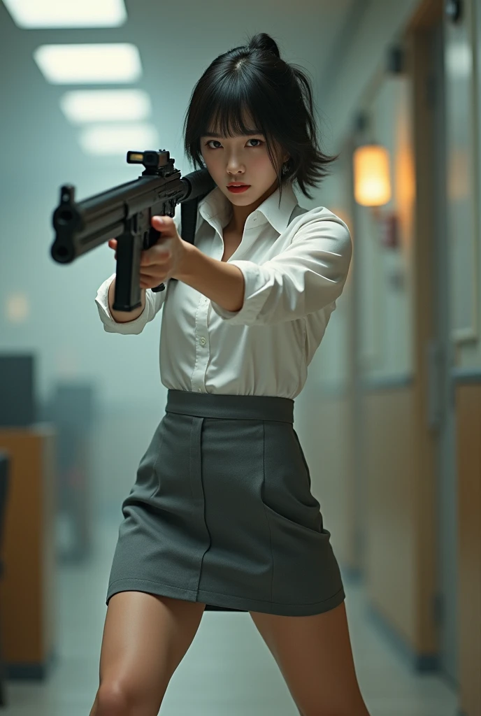 beautiful chinese office lady white shirt grey mini skirt realistic machine gun toting hip firing real person legs apart standing rampage shooting serious expression side target