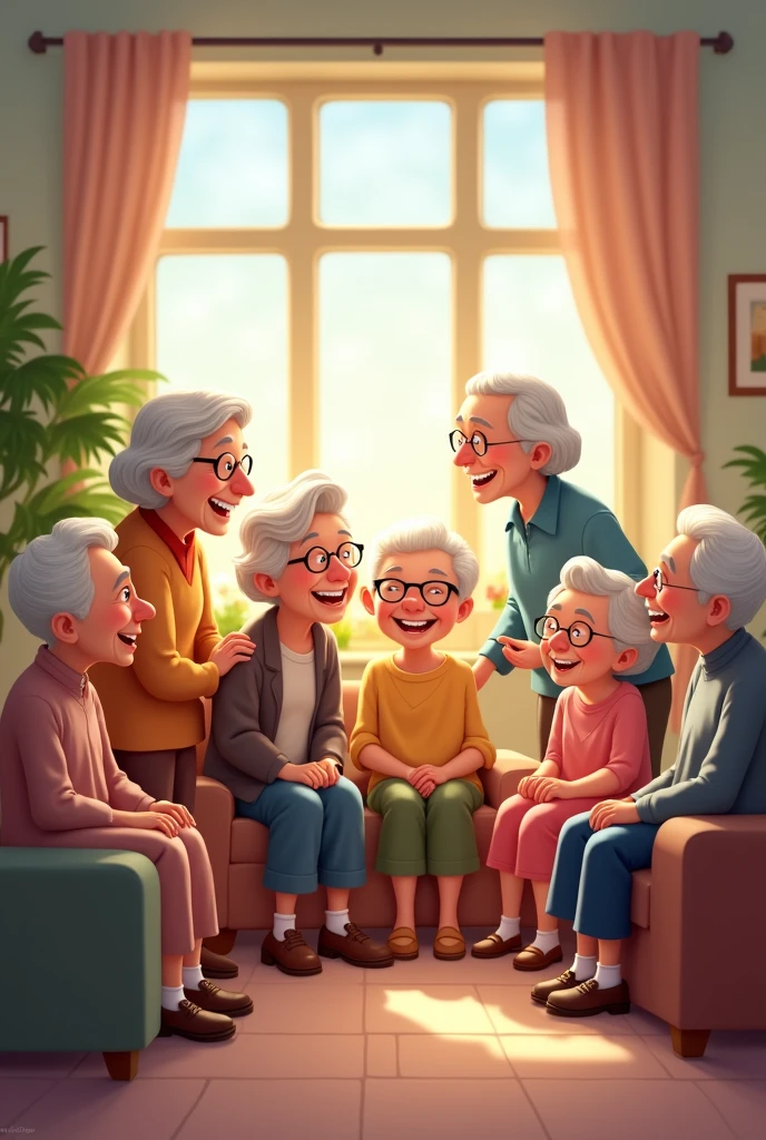 Disney style image, of several elderly people in nursing homes, smiling.