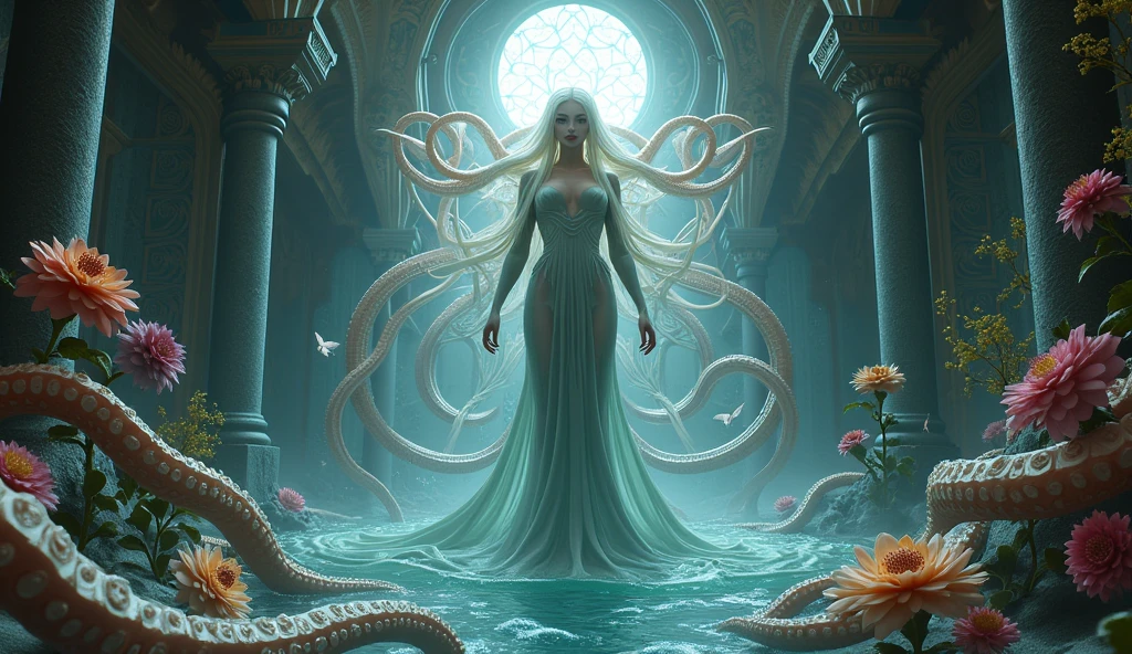 white-hued colors, surreal aesthetics, photography BREAK wide shot of a beautiful Belizean (curvy and busty:1.45) female artist who suffers from nightmares of Cthulhu and his minions. She decides to use her dreams as inspiration for her paintings, hoping to exorcise her fears. However, her art attracts the attention of a sinister cult that believes she is a prophet of the Great Old One, a massive tentacled creature with eyes that glow with an evil and its mouth is full of sharp teeth. Monster, Kthulu, tentacles, two tone lighting, dim lit, foggy, spacesuit, glass dome helmet, vivid colors, hazy, vintage, analog style