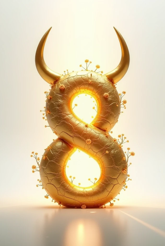 the number eight, golden, with cow horns, white background