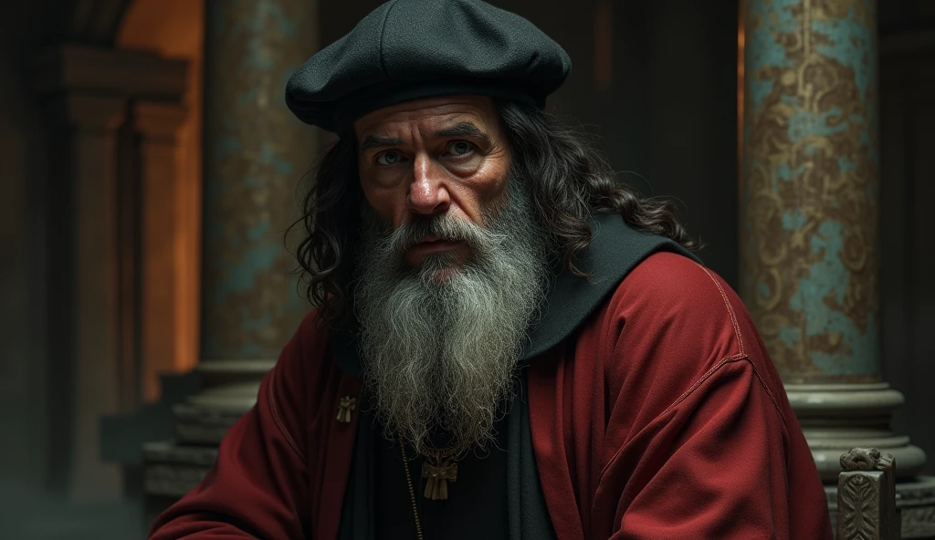 Michael Nostradamus has an oval face and a serious expression, a long beard and long dark, wavy white hair. He usually wears 16th century clothing, including a cloak or cape and a beret-type hat. His eyes are piercing and contemplative. in a temple thinking