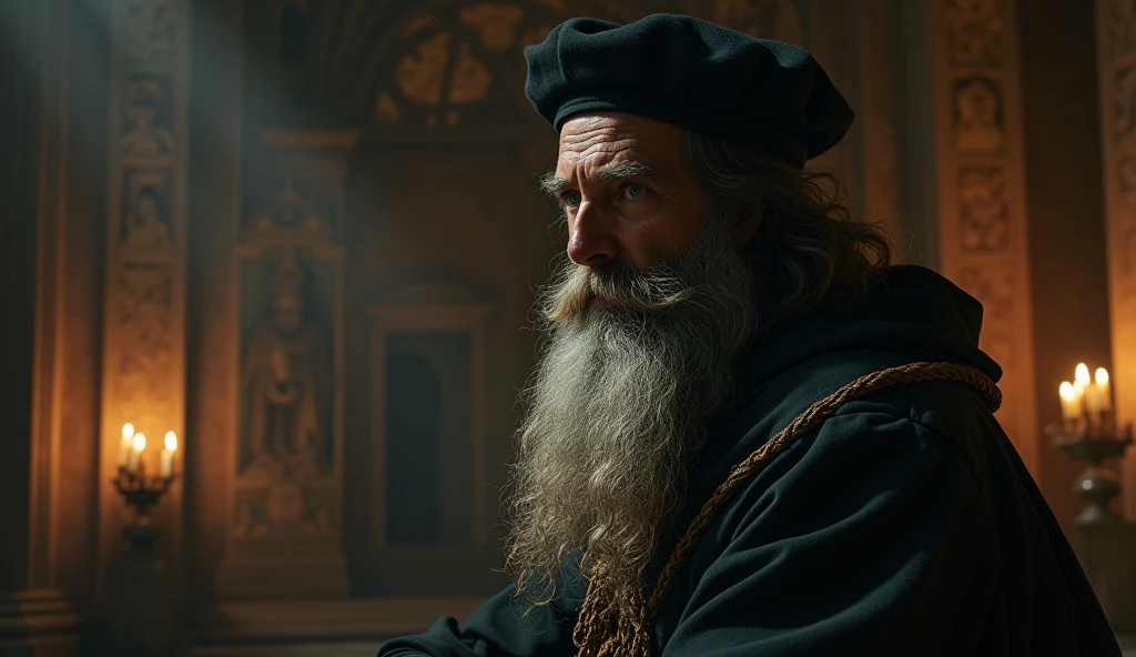 Michael Nostradamus has an oval face and a serious expression, a long beard and long dark, wavy white hair. He usually wears 16th century clothing, including a cloak or cape and a beret-type hat. His eyes are piercing and contemplative. in a temple thinking