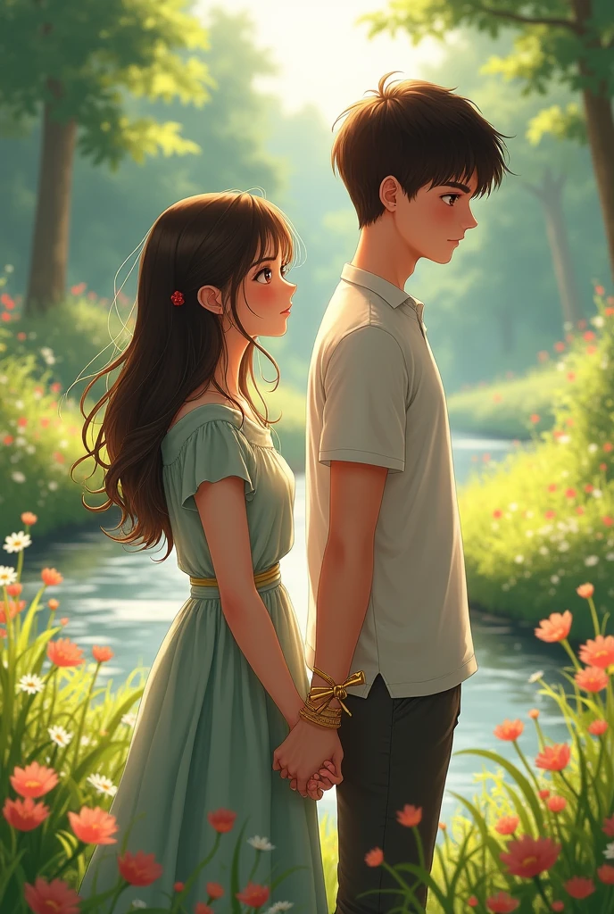 A 17 year old girl with long hair, light brown eyes and delicate hands, A 1 boy with medium long hair and dark brown eyes is in a meadow full of flowers and a stream that is realistic, that they are back to back and their hands are tied together by a golden bow, the girl is 1,57 and the boy 1,67