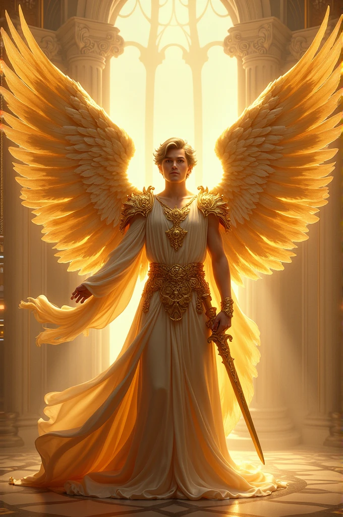 Je veux voir un ange, un mec, mais non pas une fille, un mec super beau gosse, avec quatre ailes d'archange plumées en or. Je veux le voir en or, et je veux le voir avec une position, avec une posture divine, et vraiment divine et imposante. Je veux le voir porter un épée lent. Oui, un épée lent. Donc, c'est tout.