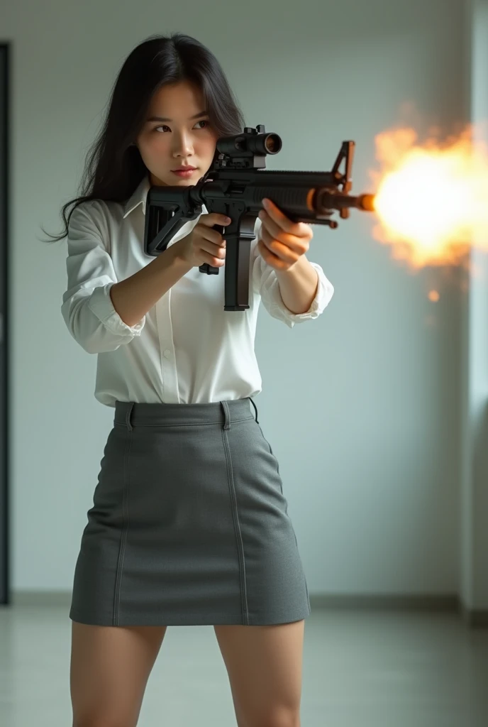 beautiful chinese office lady white shirt grey mini skirt realistic machine gun toting hip firing real person legs apart standing rampage shooting serious expression side target shouting