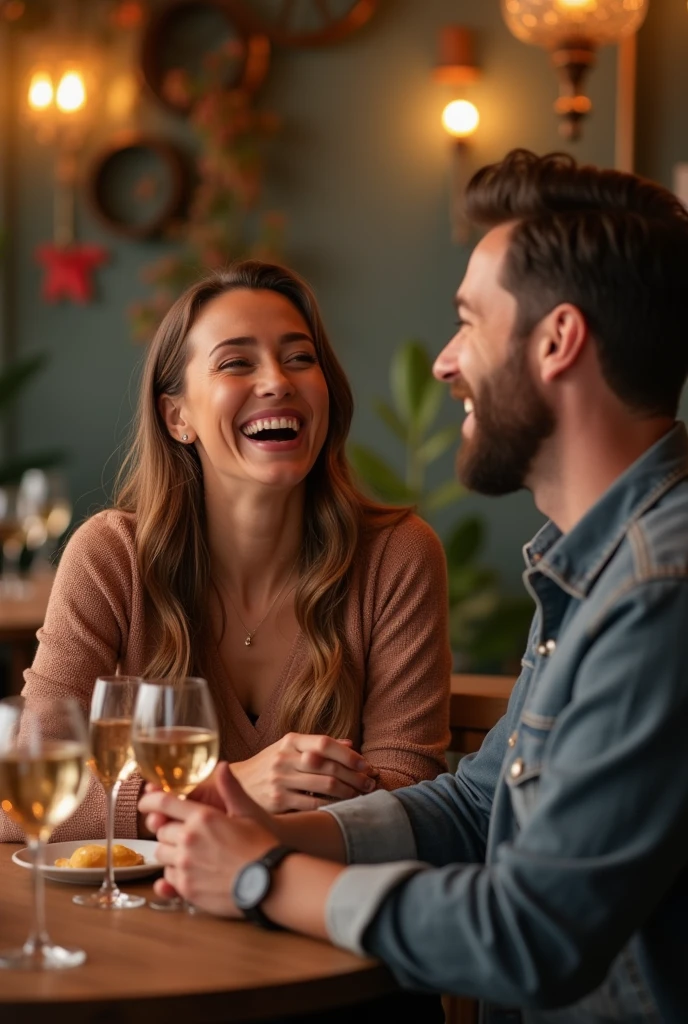 A beautiful woman laughing joyfully as a man tells her a happy story. They could be seated at a cozy table, with the man animatedly speaking while the woman's laughter lights up the scene, creating a warm and engaging atmosphere. Realistic image 