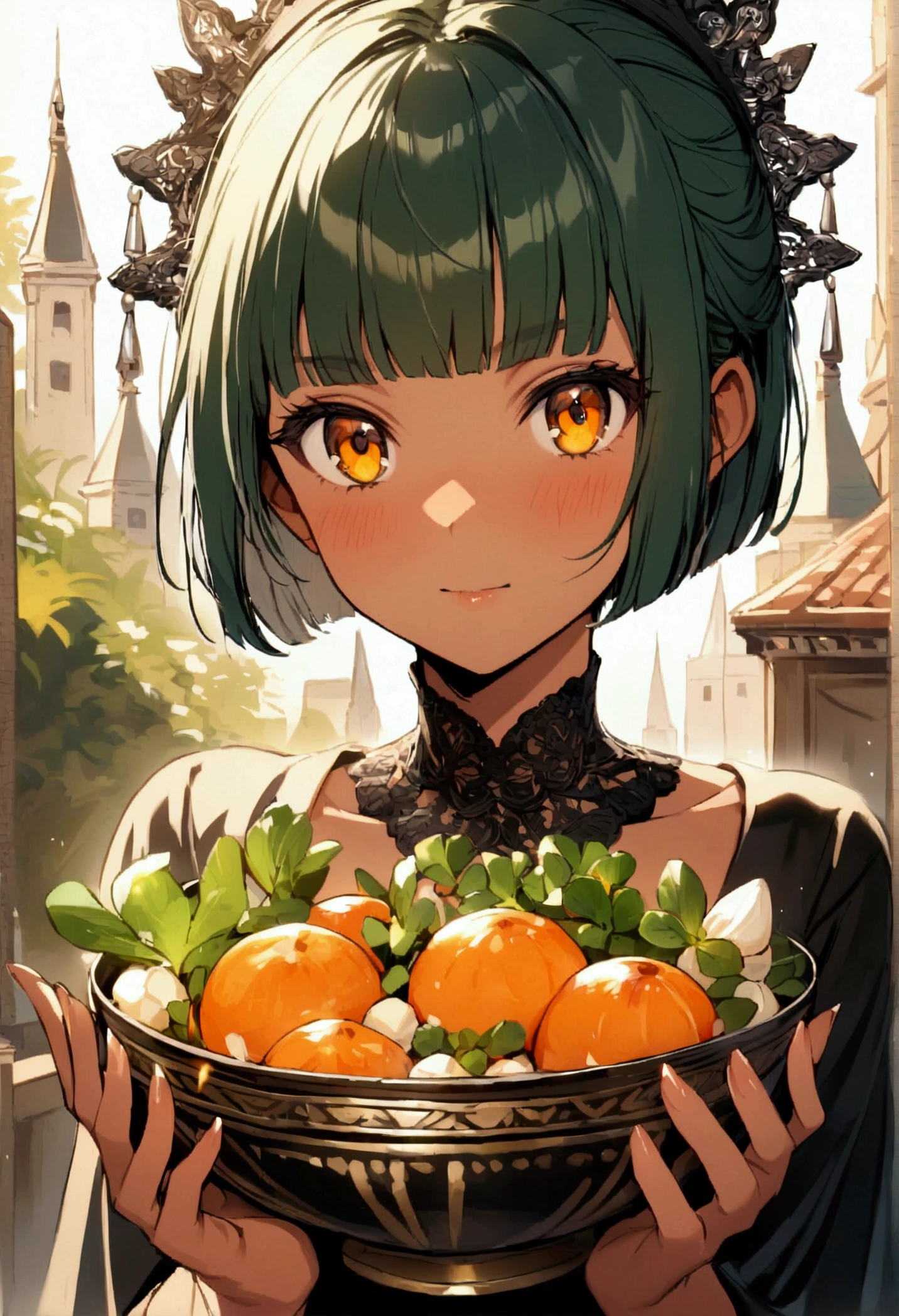 Girl tan skin amber eyes dark green hair bowl cut