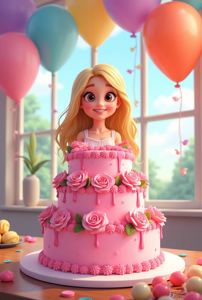 A happy birthday image with a pink 3-tier cake with flowers and roses , with balloons in the background and a sign that says happy birthday Angelica and has a woman with blonde hair and brown eyes in Disney animation