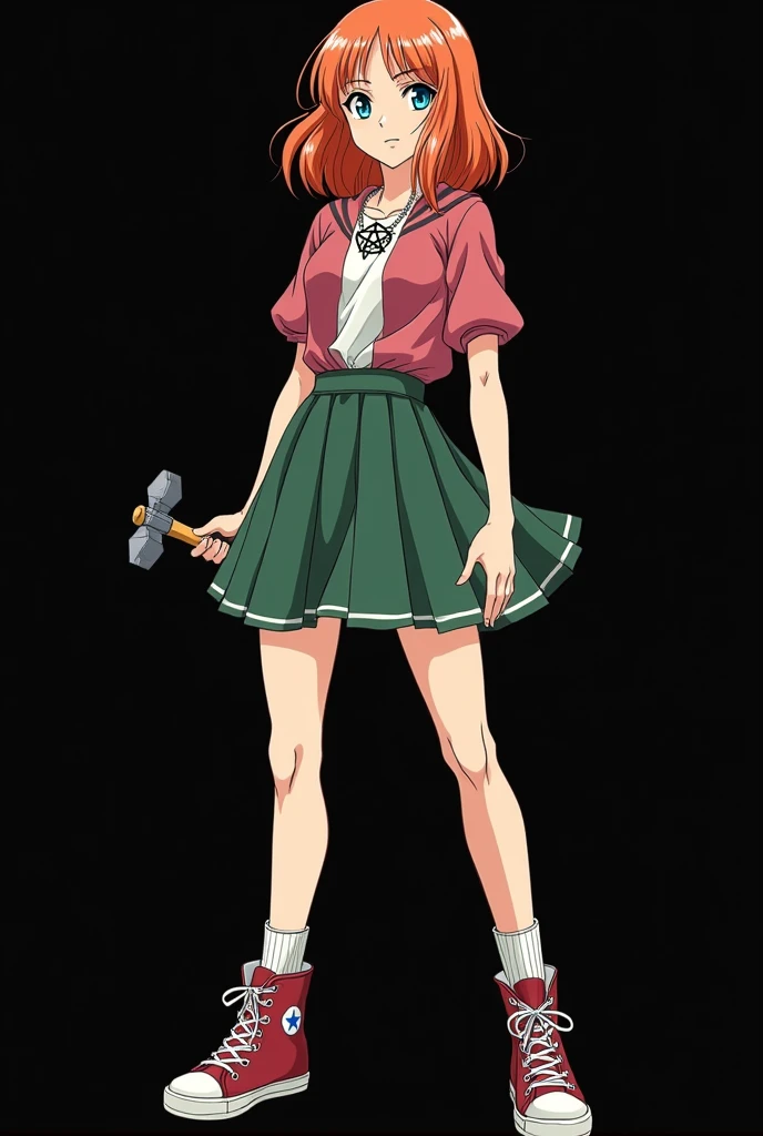 A full body image of an 1 girl named Hana Watanabe, personagem do anime "dragonball z", she is very beautiful, with medium length straight fire-colored hair with two white highlights in the front, framing your face. She has blue-green eyes and pale skin.. she is a Wiccan, she is in fighting pose. she wears a pentagram necklace, croped, glued skirt, beautiful women&#39;s high-top shoes and ¾-long socks, she holds a small nail hammer and small nails. It is drawn with Akira Toryama&#39;s animation. black backdrop.