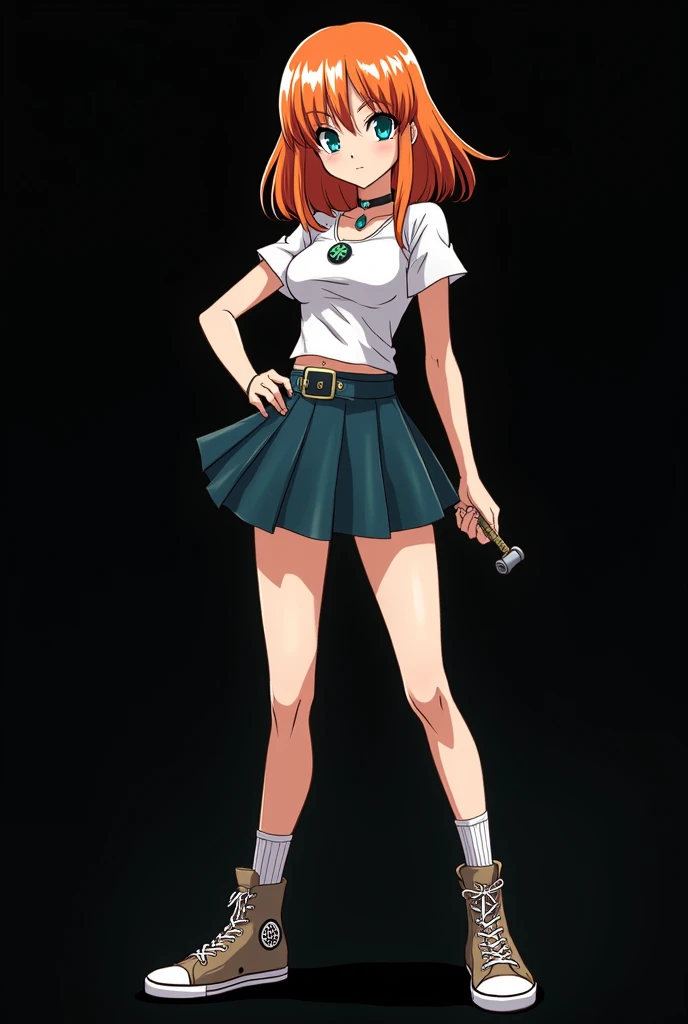 A full body image of an 1 girl named Hana Watanabe, personagem do anime "dragonball z", she is very beautiful, with medium length straight fire-colored hair with two white highlights in the front, framing your face. She has blue-green eyes and pale skin.. she is a Wiccan, she is in fighting pose. she wears a pentagram necklace, croped, glued skirt, beautiful women&#39;s high-top shoes and ¾-long socks, she holds a small nail hammer and small nails. It is drawn with Akira Toryama&#39;s animation. black backdrop.