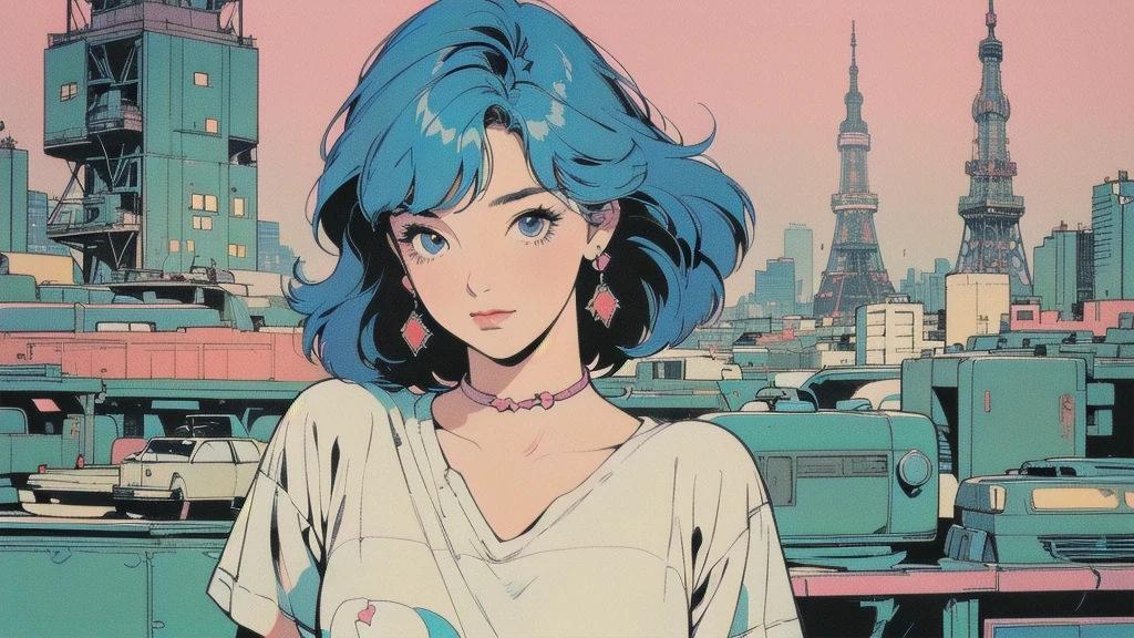 (((Masterpiece, top quality))), most detailed background, (((flat chest))), (((32K wallpaper))), (((retro night city and woman))), (((woman with Tokyo Tower in the distance))), most detailed background, ((flat chest)), (((surrounded by many complex, sophisticated, retro cityscape))) Upper body, (((one:one:one )))), upper body, (one:1.2)), ((colorful throughout))), perfect retro atmosphere city, (((perfect face))), (((most complete retro city))), fine hair, short sleeve white t-shirt, colorful hair color, (((HAPPY BIRTHDAY))), 