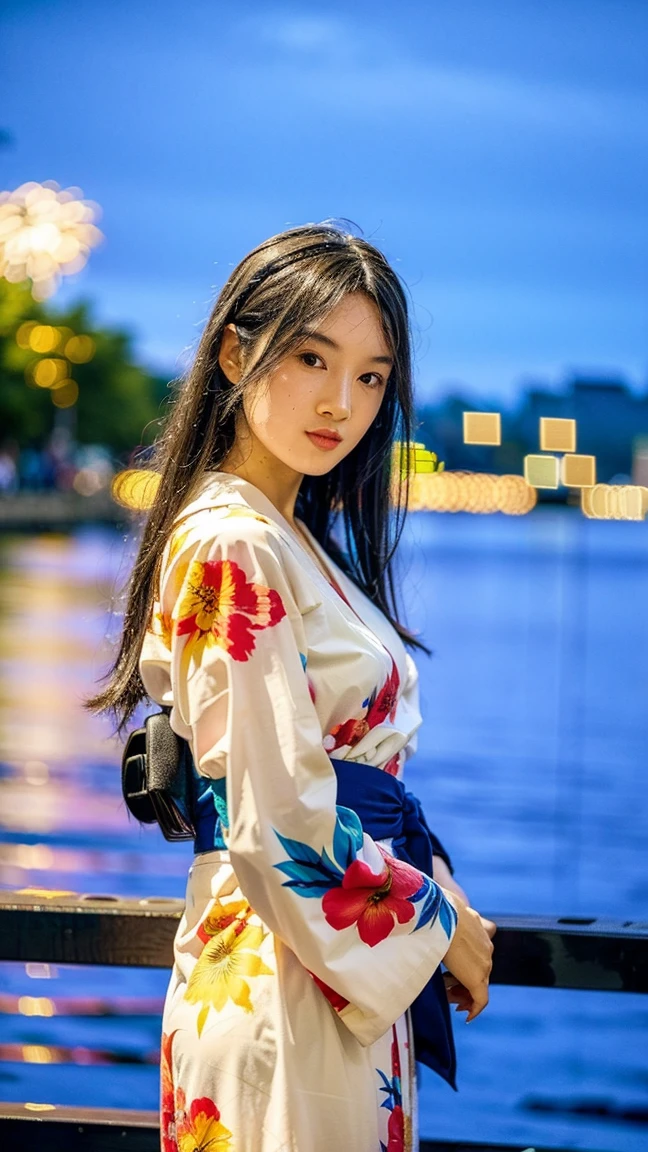 Masterpiece, best quality, ultra high resolution, hyper realistic, realistic, (photorealistic:1.4), masterpiece of analog film photograph a girl, long black hair, blunt bangs, taken by Hideaki Hamada using Pentax 67II and Kodak Portra, medium shot, looking to viewer, standing by a riverside at night, watching fireworks, She is dressed in a traditional, elegant yukata with a floral pattern and an obi sash, The background shows colorful fireworks lighting up the night sky, reflections on the water, and people in the background enjoying the festival, High-resolution, realistic depiction, with a touch of elegance and allure, anatomically correct